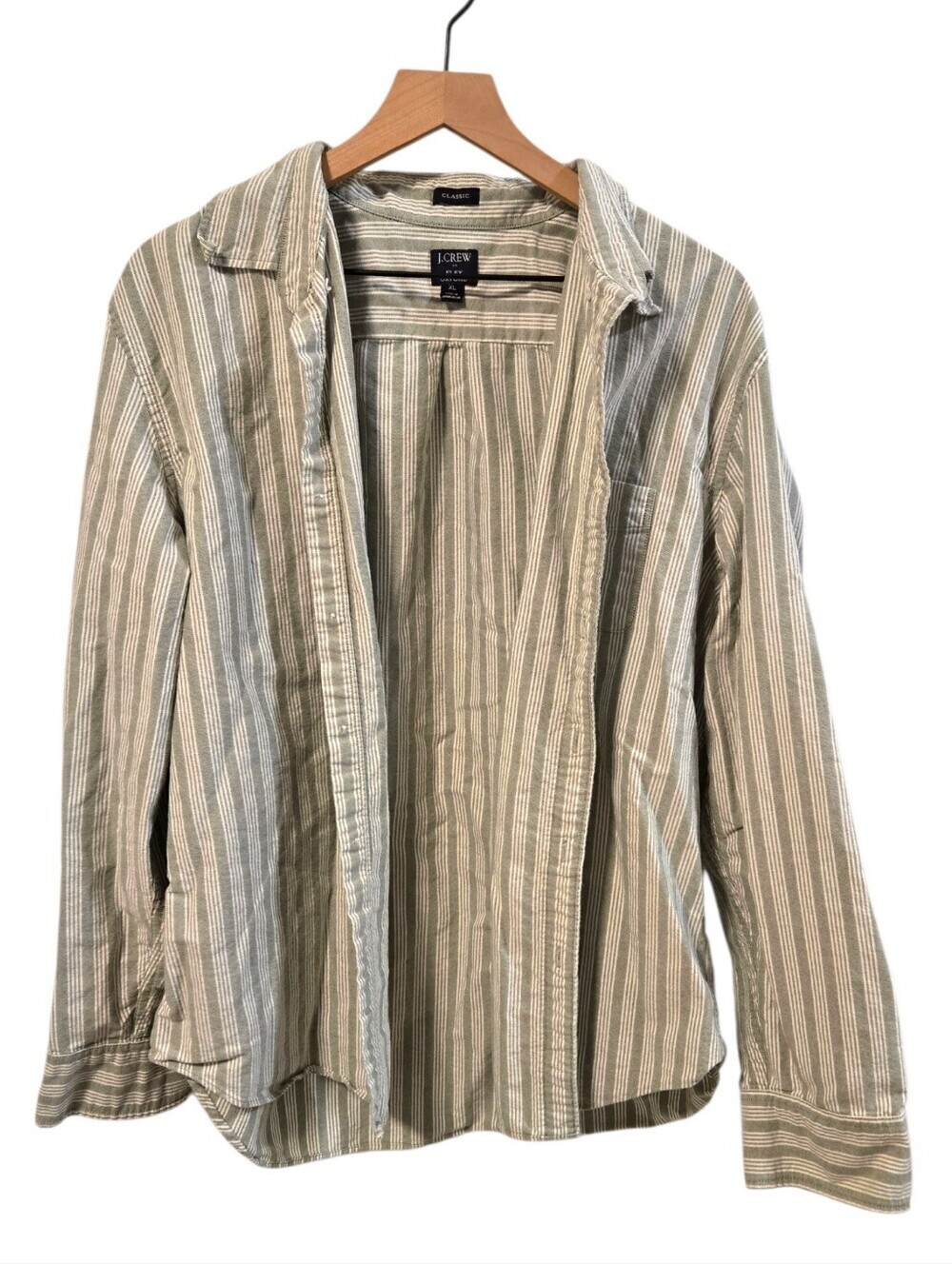 J Crew Flex Oxford Sage Green Ivory Striped Button Down Preppy Ivy League XL - Picture 2 of 6